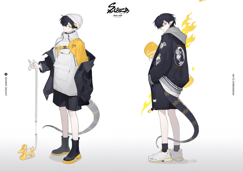 1boy absurdres arknights artist_name balloon balloon_animal bishounen black_hair black_jacket corroserum_(arknights) english_text full_body hair_over_one_eye highres jacket jacknife leash male_focus one_eye_covered pointy_ears short_hair shorts simple_background slit_pupils solo white_background yellow_eyes