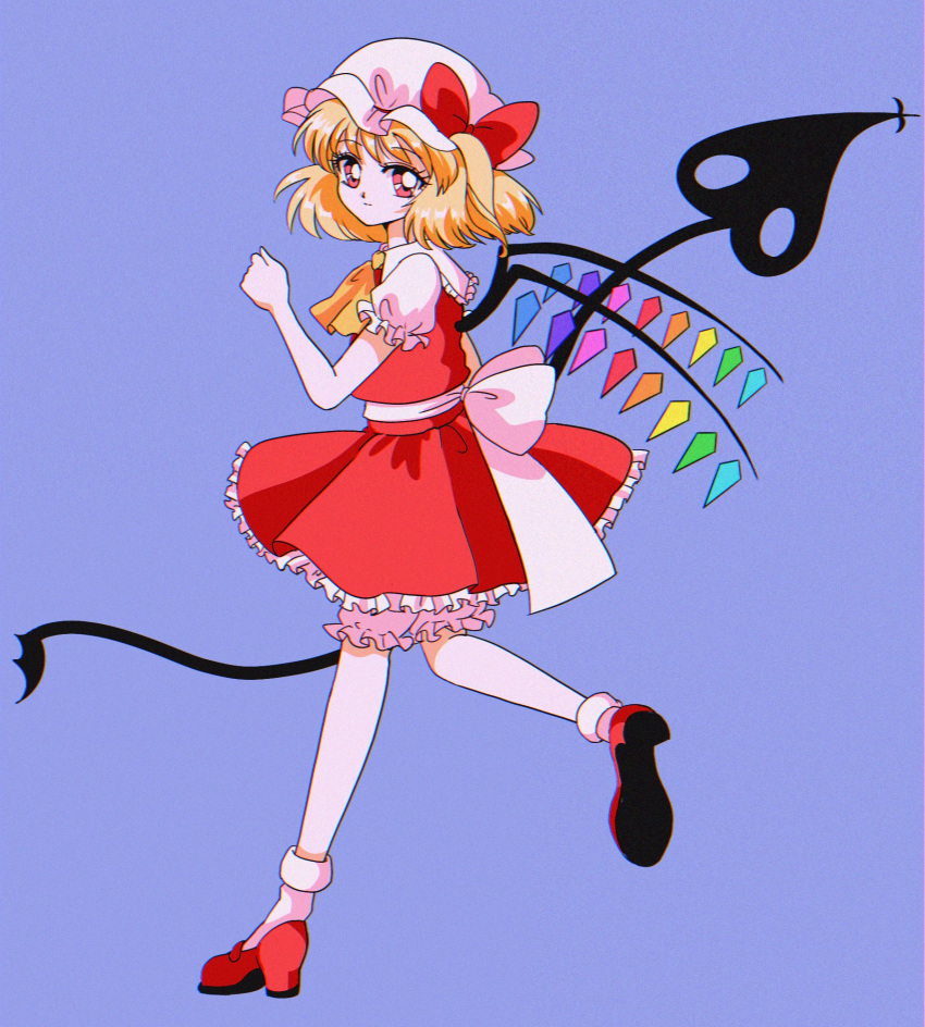 1girl ascot bat_wings blonde_hair bow crystal eyebrows_visible_through_hair flandre_scarlet frilled_shirt frilled_shirt_collar frilled_skirt frilled_sleeves frills hanadi_detazo hat hat_ribbon highres laevatein_(touhou) large_bow looking_at_viewer mob_cap one_side_up petticoat red_bow red_eyes red_ribbon red_skirt red_vest retro_artstyle ribbon shirt short_hair side_ponytail skirt skirt_set solo touhou vest white_bow wings yellow_ascot