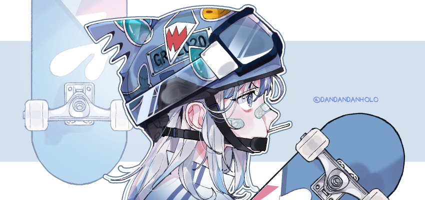 1girl bandaid bandaid_on_face bangs blue_eyes blue_hair candy dandandanholo food gawr_gura goggles goggles_on_headwear helmet highres hololive hololive_english lollipop multicolored_hair shark_fin skateboard sticker streaked_hair twitter_username virtual_youtuber