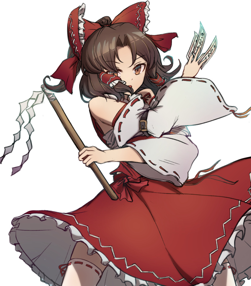 1girl bow brown_eyes brown_hair detached_sleeves frills gohei hair_bow hair_tubes hakurei_reimu highres holding japanese_clothes looking_at_viewer miko ofuda petticoat red_bow red_skirt ribbon-trimmed_legwear ribbon-trimmed_sleeves ribbon_trim shishui_guima skirt solo thigh-highs touhou white_background white_legwear wide_sleeves