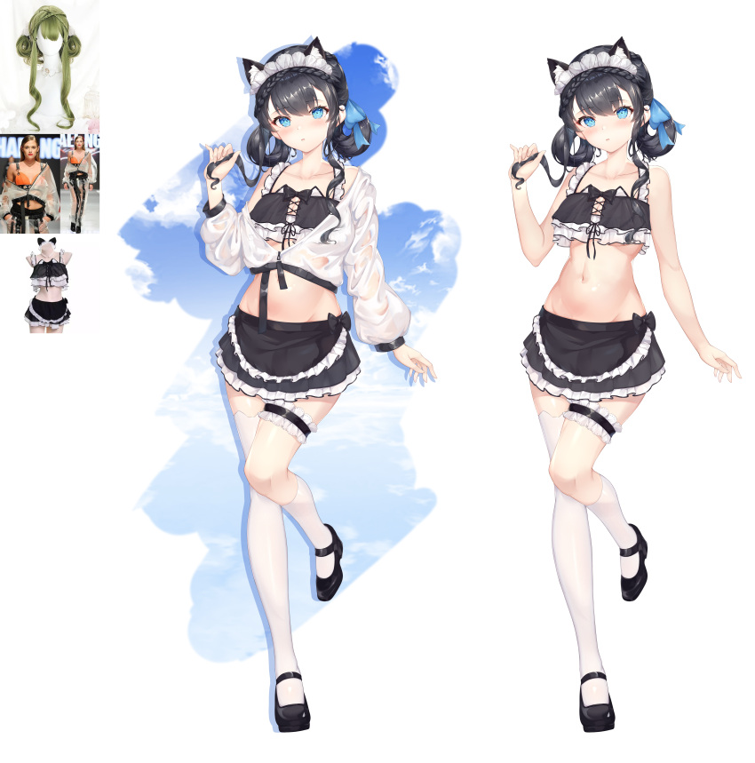 1girl absurdres animal_ears asymmetrical_legwear bare_arms bare_shoulders black_footwear black_hair black_skirt blue_eyes cat_ears collarbone crop_top crop_top_overhang cropped_jacket frilled_skirt frills full_body hair_rings hand_up headdress highres jacket kuroida leg_garter leg_up long_hair long_sleeves looking_at_viewer mary_janes midriff miniskirt multiple_views navel off_shoulder original parted_lips photo-referenced see-through shoes skirt sleeveless standing standing_on_one_leg stomach thigh-highs twintails wet wet_clothes white_jacket white_legwear