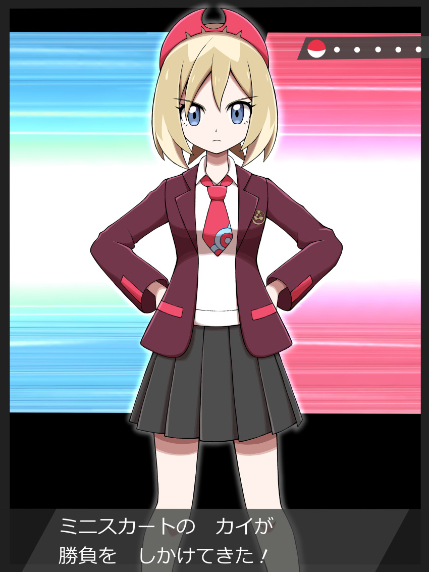 1girl absurdres bangs blonde_hair closed_mouth collared_shirt commentary_request contemporary eyelashes grey_eyes hairband hands_on_hips highres irida_(pokemon) jacket knees looking_at_viewer necktie open_clothes open_jacket pink_necktie pleated_skirt pokemon pokemon_(game) pokemon_legends:_arceus red_jacket school_uniform serious shabana_may shirt short_hair skirt solo translation_request white_shirt