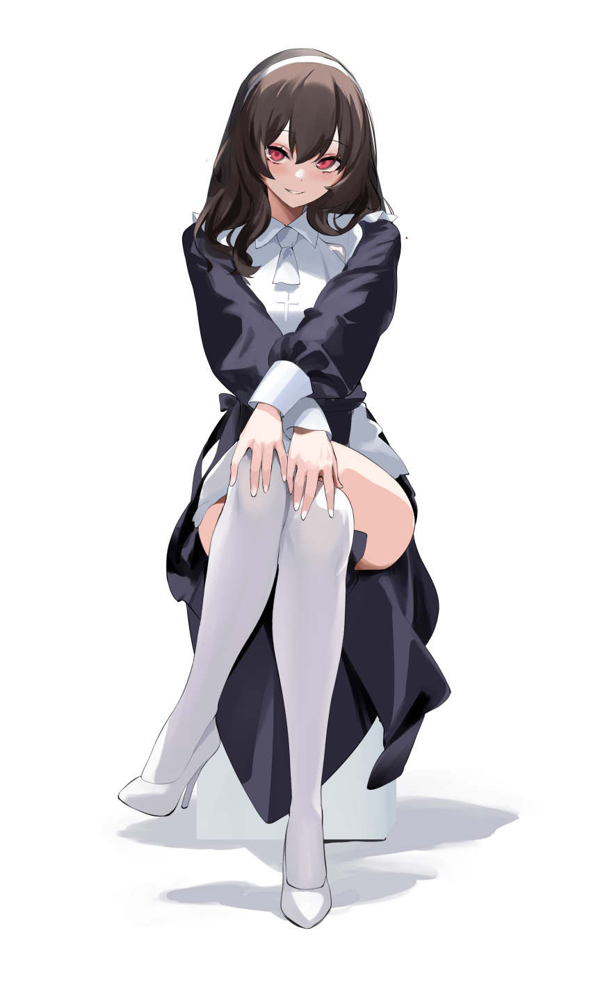 1girl absurdres bangs black_dress breasts brown_hair commentary dress frills hairband high_heels highres large_breasts long_hair long_sleeves looking_at_viewer original red_eyes solo spider_apple thigh-highs white_legwear