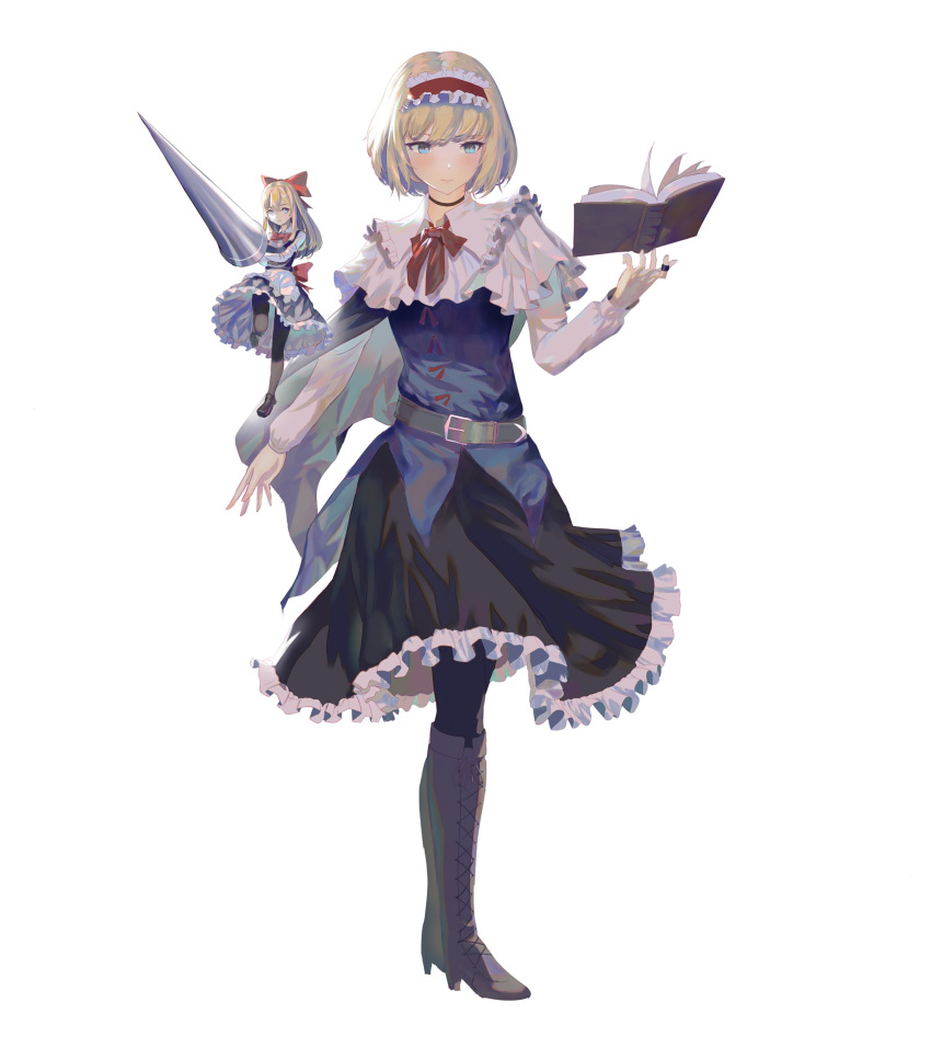 1girl absurdres alice_margatroid ascot black_skirt blonde_hair blue_dress blue_eyes boots capelet doll dress frilled_ascot frills grimoire_of_alice hairband high_heels highres jewelry knee_boots lance lolita_hairband pantyhose polearm puffy_short_sleeves puffy_sleeves puppet_rings red_ascot red_hairband ring shanghai_doll short_hair short_sleeves simple_background skirt solo teasmacker touhou weapon white_background