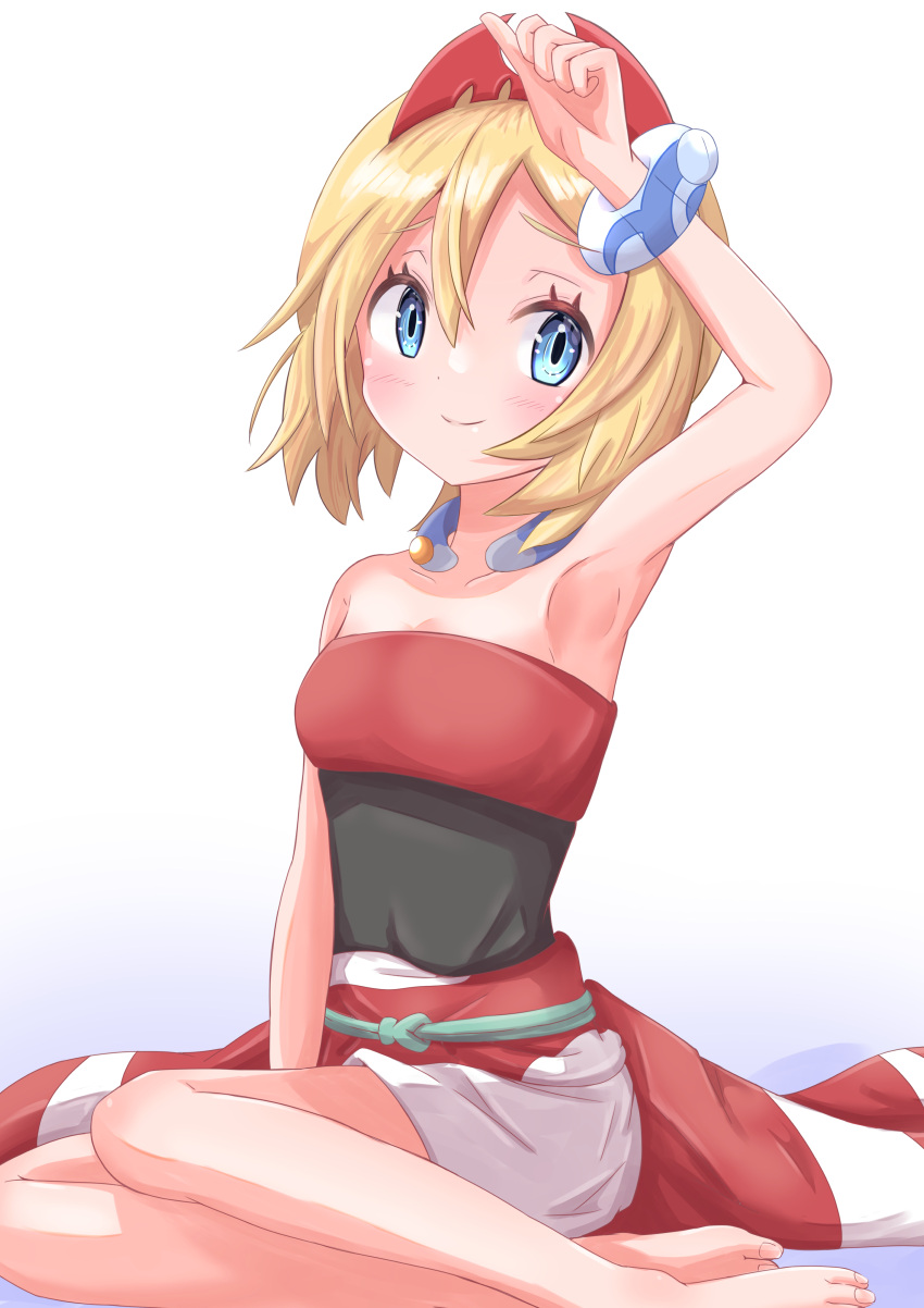1girl absurdres arm_wrap armpits blonde_hair blue_hair hairband highres irida_(pokemon) jewelry neck_ring pokemon pokemon_(game) pokemon_legends:_arceus presenting_armpit red_hairband red_shirt rono_(lethys) shirt short_hair shorts simple_background solo strapless strapless_shirt waist_cape white_background white_shorts