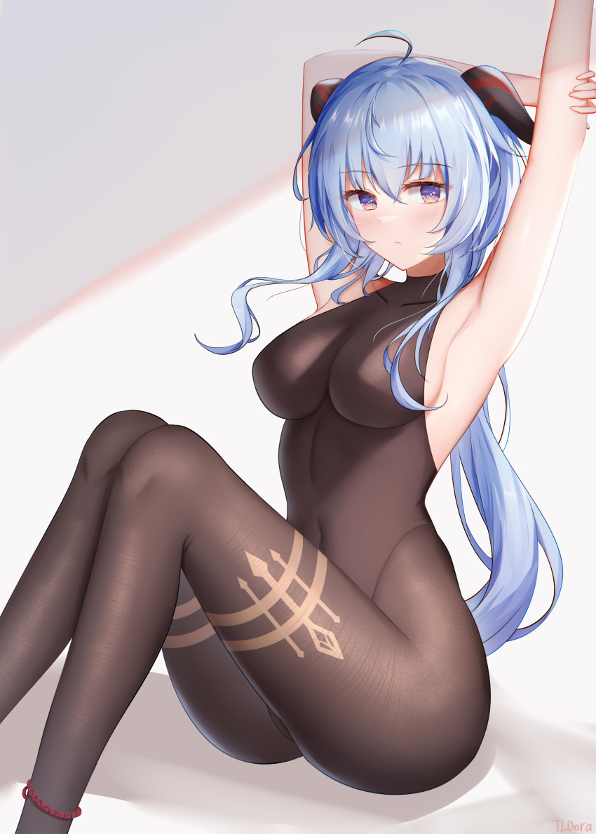1girl absurdres ahoge ankle_strap armpits arms_up bangs black_legwear blue_hair blush bodystocking breasts closed_mouth collarbone covered_navel curled_horns doraski expressionless eyebrows_visible_through_hair feet_out_of_frame ganyu_(genshin_impact) genshin_impact goat_horns gradient gradient_background hair_between_eyes highres holding_own_arm horns knees_up legs long_hair looking_at_viewer medium_breasts pantyhose shadow shiny shiny_hair sidelocks sitting skin_tight solo tight violet_eyes