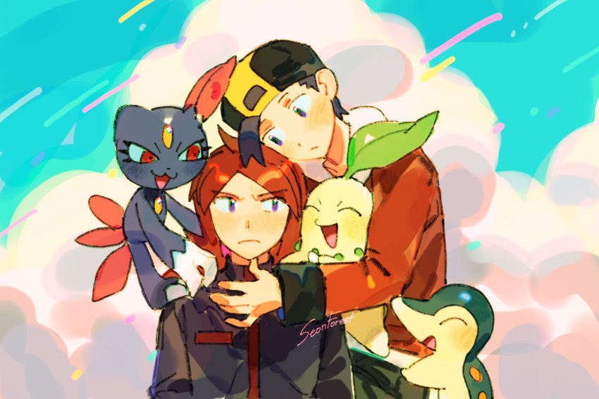 2boys backwards_hat baseball_cap black_hair black_jacket black_pants blush chikorita closed_mouth clouds commentary_request cowlick cyndaquil day ethan_(pokemon) grey_eyes hat jacket korean_commentary long_hair long_sleeves male_focus multiple_boys on_shoulder outdoors pants pokemon pokemon_(creature) pokemon_(game) pokemon_hgss pokemon_on_shoulder red_jacket redhead seonforest short_hair signature silver_(pokemon) sky sneasel violet_eyes