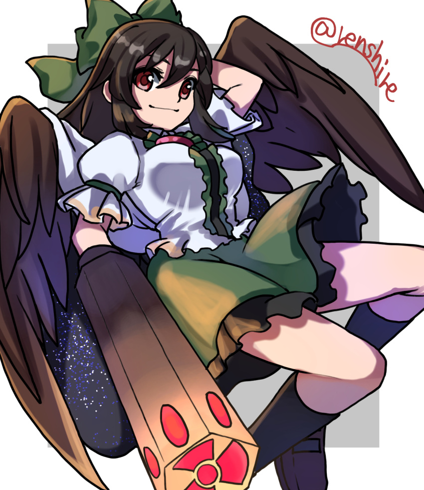 1girl arm_cannon bird_wings black_hair black_legwear black_wings bow brown_eyes buttons cape center_frills closed_mouth collared_shirt commentary_request control_rod foot_out_of_frame frilled_shirt_collar frilled_skirt frills green_bow green_skirt hair_bow highres kneehighs long_hair one-hour_drawing_challenge ponytail puffy_short_sleeves puffy_sleeves radiation_symbol reiuji_utsuho renshirenji shirt short_sleeves simple_background skirt smile starry_sky_print third_eye touhou weapon white_background white_cape white_shirt wings