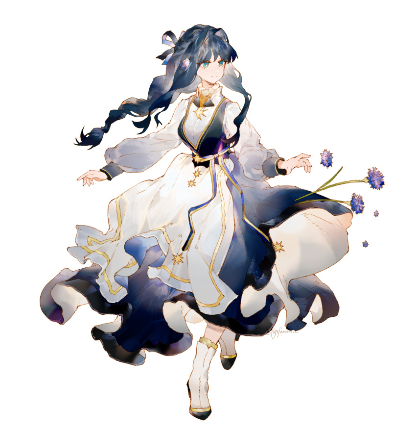 1girl alternate_costume arknights astesia_(arknights) blue_eyes blue_flower blue_hair bright_pupils dress feather_hair flower hair_intakes highres long_hair long_sleeves simple_background solo symbol-only_commentary white_background white_dress white_footwear yuji_(fantasia)