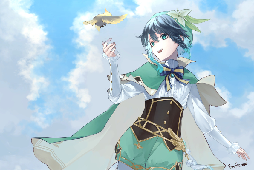 1boy androgynous bangs beret bird black_hair blue_hair bow braid brooch cape clouds cloudy_sky collared_cape collared_shirt commentary_request corset day eyebrows_visible_through_hair feathers flower frilled_sleeves frills gem genshin_impact gradient_hair green_cape green_eyes green_headwear green_shorts hat hat_flower highres jewelry leaf long_sleeves male_focus multicolored_hair open_mouth pantyhose shiraai_ten shirt short_hair_with_long_locks shorts side_braids sidelocks signature sky smile solo twin_braids venti_(genshin_impact) vision_(genshin_impact) white_flower white_legwear white_shirt