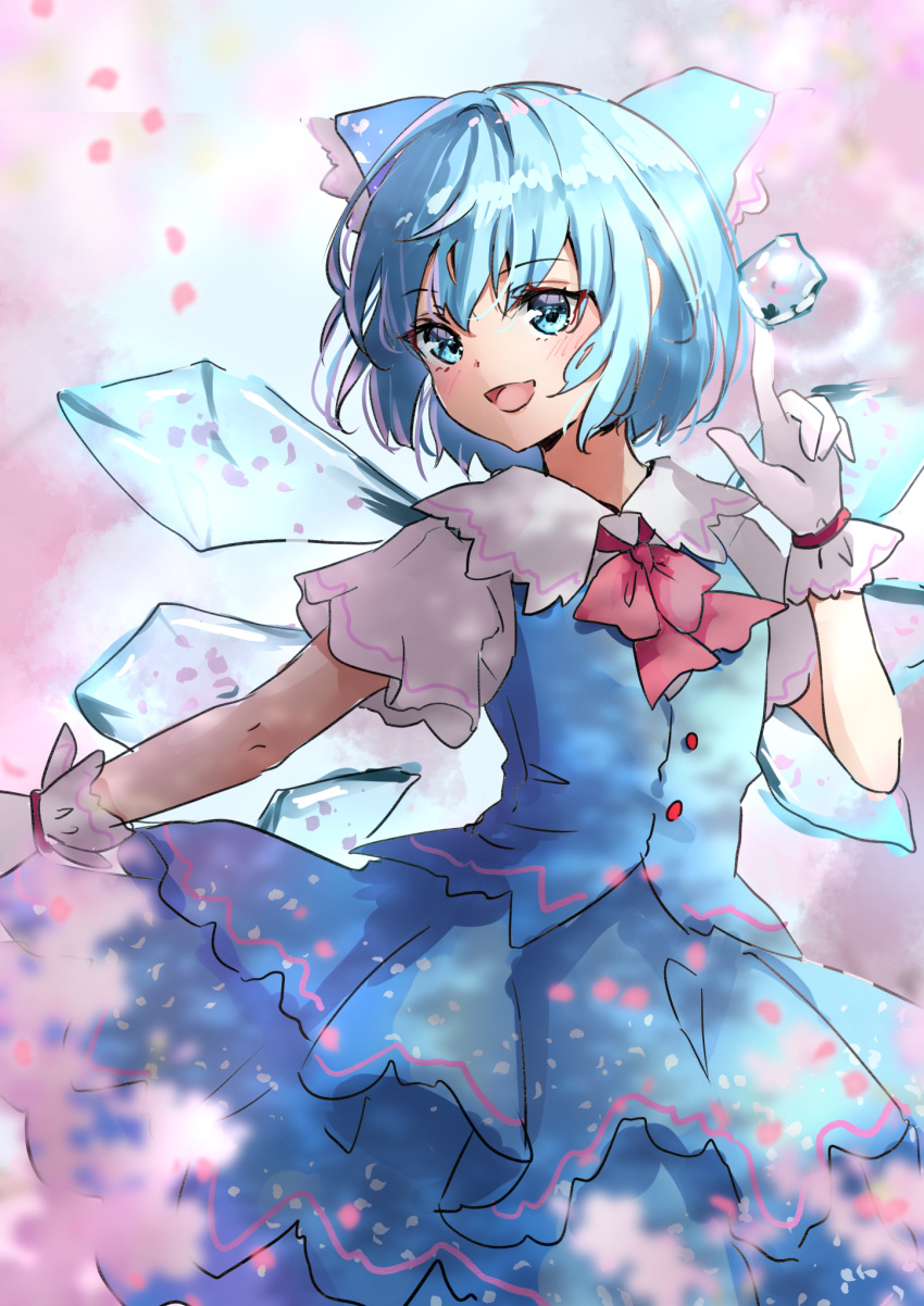 1girl :d blue_bow blue_dress blue_eyes blue_hair blurry blurry_background bow cirno dress eyebrows_visible_through_hair gloves hair_bow highres ice ice_wings index_finger_raised looking_at_viewer one-hour_drawing_challenge open_mouth petals shironeko_yuuki short_hair short_sleeves smile solo standing touhou white_gloves wings