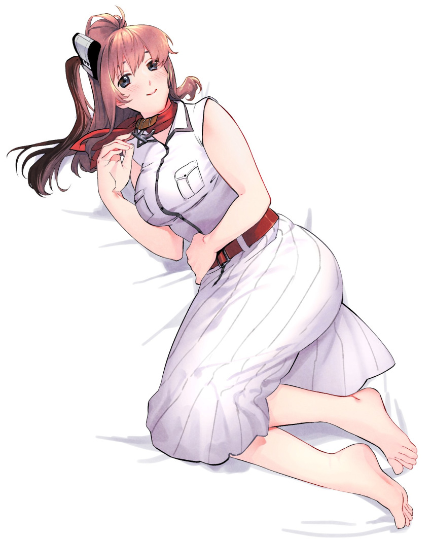 1girl bangs barefoot bed_sheet belt black_eyes blush breast_pocket breasts brown_hair dress full_body hair_ornament highres kantai_collection long_hair looking_at_viewer lying medium_breasts on_side pocket ponytail red_belt red_scarf saratoga_(kancolle) scarf shishanmo side_ponytail sleeveless sleeveless_dress smile smokestack_hair_ornament white_dress