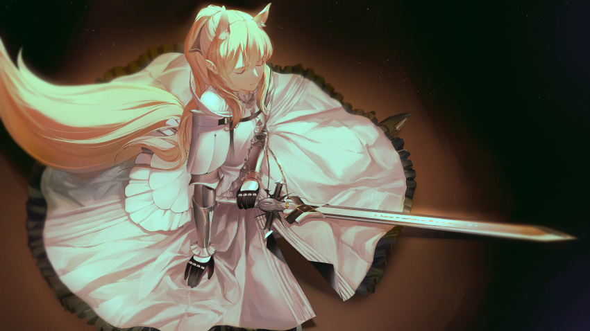1girl absurdres animal_ear_fluff animal_ears arknights arm_guards armor bangs belt black_bow black_gloves blemishine_(arknights) blonde_hair bow cape closed_eyes closed_mouth eyebrows_visible_through_hair full_armor fur-trimmed_cape fur_trim gloves hair_bow high_ponytail highres holding holding_sword holding_weapon horse_ears horse_girl horse_tail long_hair oxy_ho2 sidelocks sitting solo sword tail thigh-highs weapon white_cape