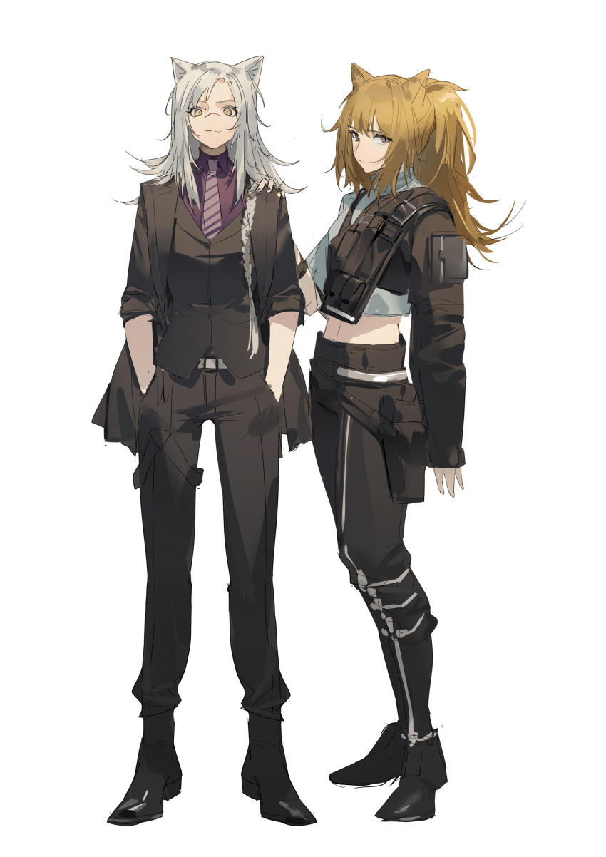 2girls absurdres animal_ears arknights bangs black_footwear black_jacket black_pants black_vest blonde_hair brown_eyes cat_ears closed_mouth collared_shirt crop_top eyebrows_visible_through_hair hand_on_another's_shoulder hands_in_pockets highres indra_(valiant_general)_(arknights) jacket long_hair long_sleeves midriff multiple_girls necktie official_alternate_costume open_clothes open_jacket pants ponytail purple_necktie purple_shirt scar scar_on_face scar_on_nose shirt shoes siege_(arknights) siege_(city_destroyer)_(arknights) silver_hair simple_background sleeves_past_wrists smile striped_necktie vest white_background yeyuanqianqianqian