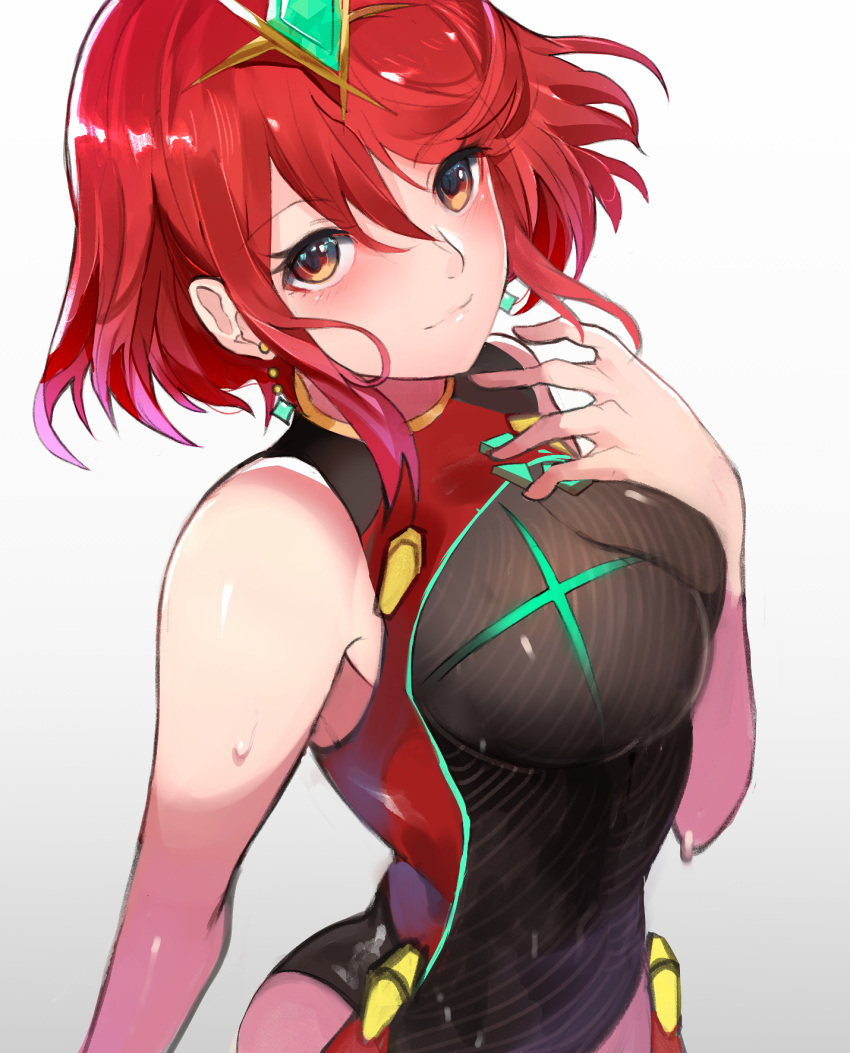 1girl bangs bare_arms bare_shoulders blush breasts brown_eyes closed_mouth commentary_request earrings eyebrows_visible_through_hair hand_up highres jewelry looking_at_viewer medium_breasts one-piece_swimsuit pyra_(xenoblade) redhead shiny shiny_hair short_hair simple_background sleeveless smile solo swimsuit tarbo_(exxxpiation) tiara upper_body water water_drop wet xenoblade_chronicles_(series) xenoblade_chronicles_2