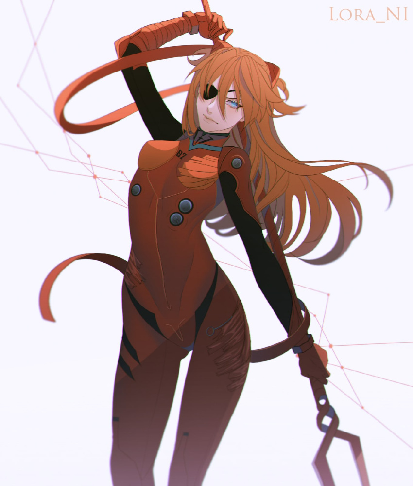 1girl arm_up arsel_ni artist_name bangs black_eyepatch blue_eyes bodysuit breasts closed_eyes eyepatch gloves hair_between_eyes hair_ornament highres holding holding_weapon lance_of_longinus lips long_hair looking_at_viewer neon_genesis_evangelion orange_hair pilot_suit plugsuit red_bodysuit simple_background small_breasts solo souryuu_asuka_langley standing two_side_up weapon white_background