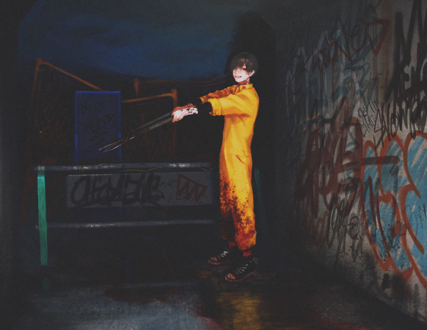 1boy arm_tattoo blood blood_on_clothes dark fence from_side graffiti grin holding horror_(theme) jumpsuit looking_at_viewer male_focus neck_tattoo night one_eye_covered original outdoors outstretched_arms rit3set shears shoes short_hair smile sneakers solo tattoo