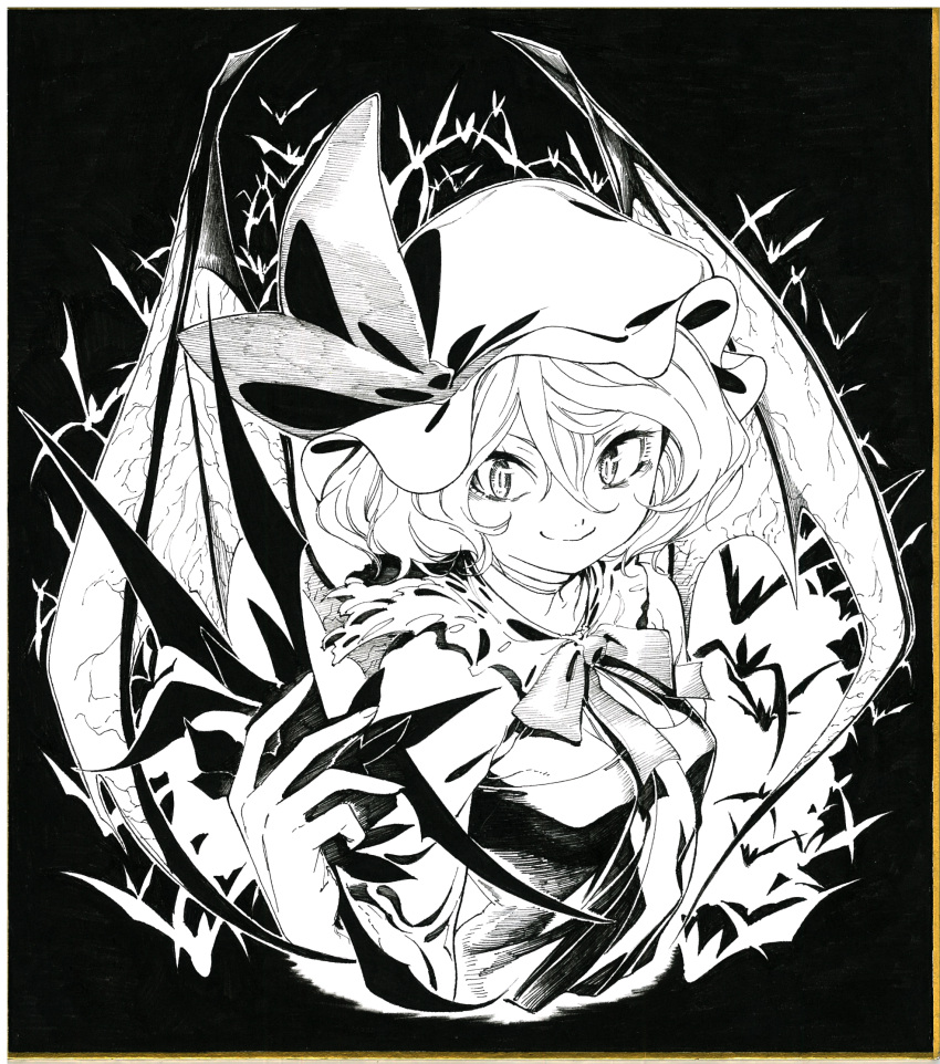 1girl bat bat_wings bow bowtie closed_mouth collared_shirt commentary eyebrows_behind_hair fingernails frilled_shirt_collar frills greyscale hair_between_eyes hand_up hat hat_ribbon highres looking_at_viewer millipen_(medium) mob_cap monochrome oshake photo_(medium) remilia_scarlet ribbon shirt short_hair slit_pupils smile solo touhou traditional_media upper_body wings