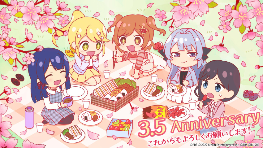 +_+ 5girls :d ^_^ absurdres aijou_karen all_fours anniversary artist_request bangs bento black_footwear black_hair black_legwear black_ribbon blanket blonde_hair blue_eyes blue_hair blue_pants blunt_bangs blunt_ends blush brown_eyes brown_hair brown_shirt buttons cherry_blossoms chibi chips chopsticks closed_eyes closed_mouth collared_shirt commentary_request crown_hair_ornament cup day disposable_cup dress eating eyebrows_visible_through_hair falling_petals food fruit grass grey_dress grey_hair grey_jacket hair_intakes hair_ornament hair_ribbon hand_to_own_mouth hand_up hands_up highres holding holding_chopsticks holding_cup holding_food holding_plate jacket jewelry kiwi_slice kneeling long_hair long_sleeves looking_at_another looking_at_food looking_away miniskirt multiple_girls necklace no_shoes official_art onigiri ootsuki_aruru open_clothes open_jacket open_mouth outdoors outstretched_arm overall_shorts overalls pants pantyhose petals picnic pink_jacket plaid plaid_dress plate pleated_skirt ponytail purple_jacket red_footwear red_ribbon ribbon sandwich seiza shirt shoes shoes_removed short_hair shoujo_kageki_revue_starlight shoujo_kageki_revue_starlight_-re_live- sitting skirt smile smirk socks star_(symbol) star_hair_ornament star_necklace strawberry striped striped_shirt sweatdrop swept_bangs thermos tomoe_tamao translation_request two_side_up v-shaped_eyebrows violet_eyes white_legwear white_shirt white_skirt yanagi_koharu yellow_eyes yellow_footwear yellow_skirt yukishiro_akira