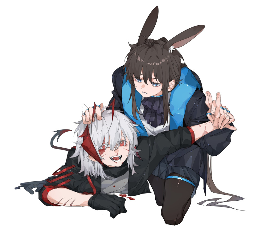 2girls amiya_(arknights) animal_ears antenna_hair arknights black_gloves black_legwear blood blood_on_face blue_eyes blue_jacket brown_hair demon_tail gloves highres holding_another's_hair holding_hands jacket jewelry long_sleeves looking_at_another looking_at_viewer looking_down medium_hair miniskirt molu_stranger multicolored_hair multiple_girls multiple_rings open_mouth rabbit_ears red_eyes redhead ring scratches silver_hair simple_background skirt smile streaked_hair tail w_(arknights) white_background