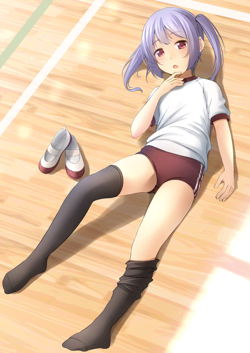 1girl :o bangs blush buruma commentary_request eyebrows_visible_through_hair full_body gym_shirt gym_uniform highres looking_at_viewer lying on_back on_floor open_mouth original puffy_short_sleeves puffy_sleeves purple_hair red_buruma red_eyes shibacha shirt shoes shoes_removed short_sleeves solo thighhighs_pull twintails uwabaki white_footwear white_shirt wooden_floor