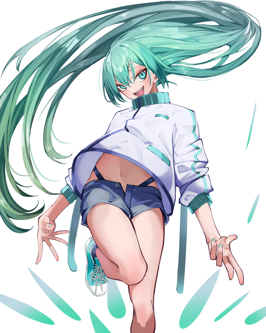 1girl :d absurdres aqua_eyes aqua_hair aqua_nails bangs commentary_request fang gozenjuziame hair_between_eyes highres jacket long_hair long_sleeves looking_at_viewer making-of_available navel open_mouth original shoes short_shorts shorts simple_background sleeves_pushed_up smile sneakers solo transparent_background very_long_hair