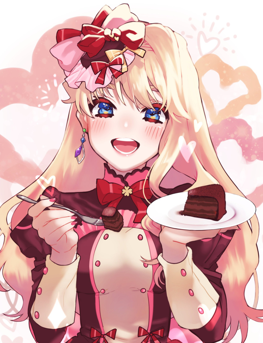 1girl absurdres blonde_hair blue_eyes blush cake chocolate_cake choker dress earrings food hair_ornament hair_ribbon heart highres holding jewelry long_hair looking_at_viewer macross macross_frontier nail_polish open_mouth ribbon ribbon_choker sechi_(stst1850) sheryl_nome smile solo valentine