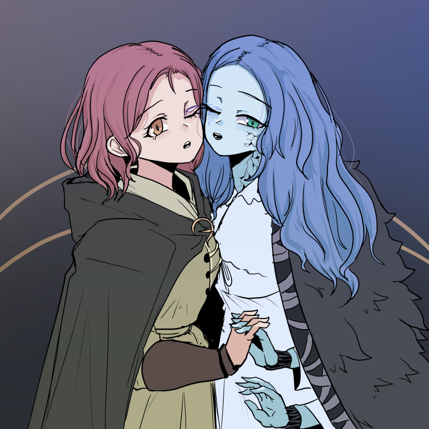 2girls absurdres blue_hair blue_skin cheek-to-cheek cloak closed_eyes colored_skin cracked_skin elden_ring extra_arms heads_together highres interlocked_fingers melina_(elden_ring) multiple_girls ranni_the_witch user_rvxy3855