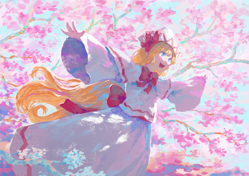 1girl blonde_hair blue_eyes capelet cherry_blossoms dress fairy fjsmu hat highres lily_white long_hair long_sleeves open_mouth outstretched_arms smile solo spread_arms touhou white_capelet white_dress white_headwear wide_sleeves
