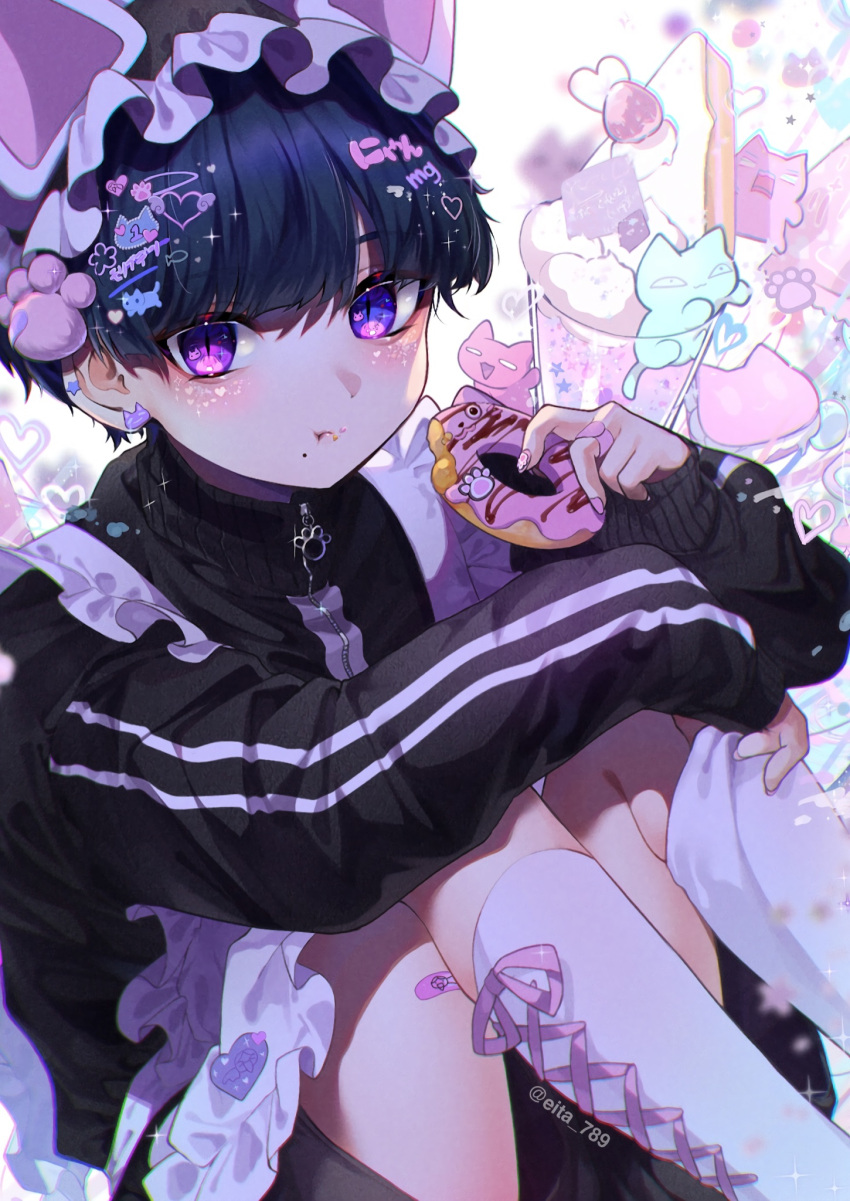 1boy animal_ears black_hair cat_ears doughnut eating eita_789 fake_animal_ears food highres holding holding_food ice_cream long_sleeves male_focus original short_hair short_shorts shorts socks solo sundae sweatshirt violet_eyes white_background white_legwear