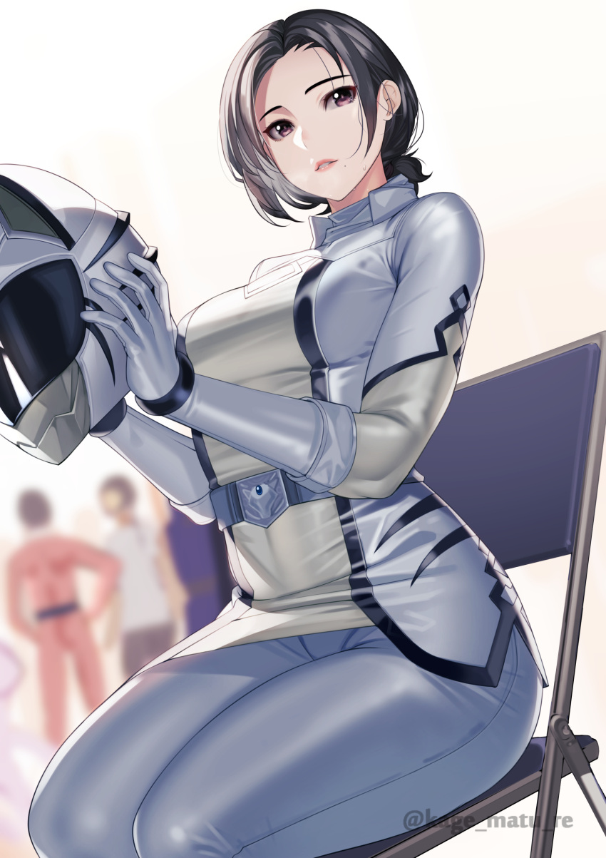 1girl 2boys absurdres artist_name bangs belt black_hair blurry blurry_background bodysuit breasts chair commentary_request faceless faceless_male folding_chair gloves helmet highres holding kagematsuri looking_at_viewer medium_breasts medium_hair mole mole_under_mouth multiple_boys original parted_bangs parted_lips sentai shiny shiny_clothes simple_background sitting skirt sweat sweatdrop tied_hair tokusatsu violet_eyes watermark