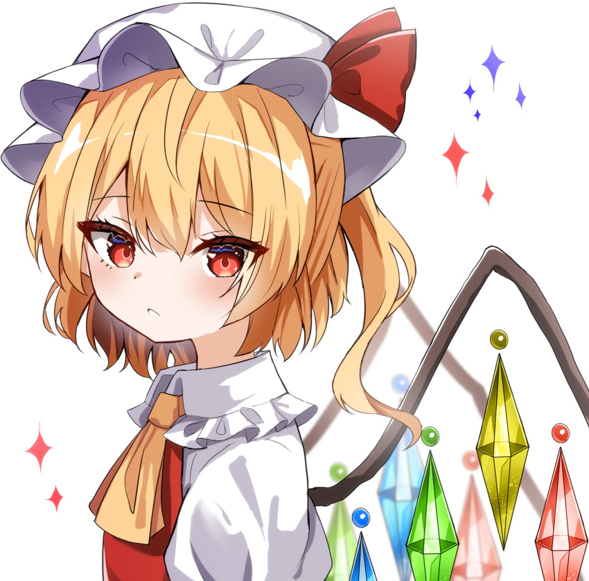 1girl ascot blonde_hair blush bow clothed crystal flandre_scarlet frilled_shirt frilled_shirt_collar frilled_skirt frilled_sleeves frills from_side hat hat_ribbon highres kiui_(dagk8254) looking_at_viewer mob_cap red_bow red_eyes red_ribbon red_vest ribbon shirt short_hair side_ponytail simple_background skirt smile solo touhou vest wings yellow_ascot
