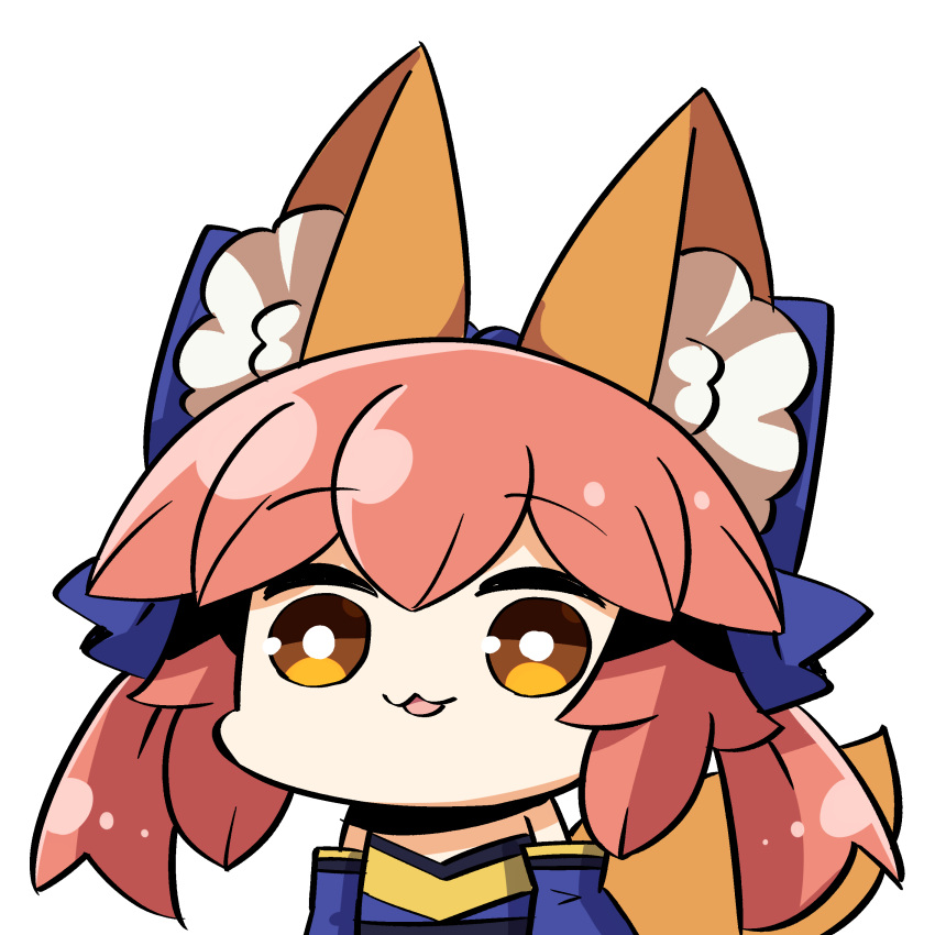 1girl :3 absurdres animal_ear_fluff animal_ears bangs blue_bow blue_kimono bow chibi commentary_request detached_sleeves eyebrows_visible_through_hair fate/extra fate_(series) fox_ears fox_girl fox_tail hair_between_eyes hair_bow highres japanese_clothes kimono long_hair long_sleeves looking_at_viewer open_mouth pink_hair plover portrait sidelocks simple_background solo split_ponytail tail tamamo_(fate) tamamo_no_mae_(fate/extra) white_background yellow_eyes