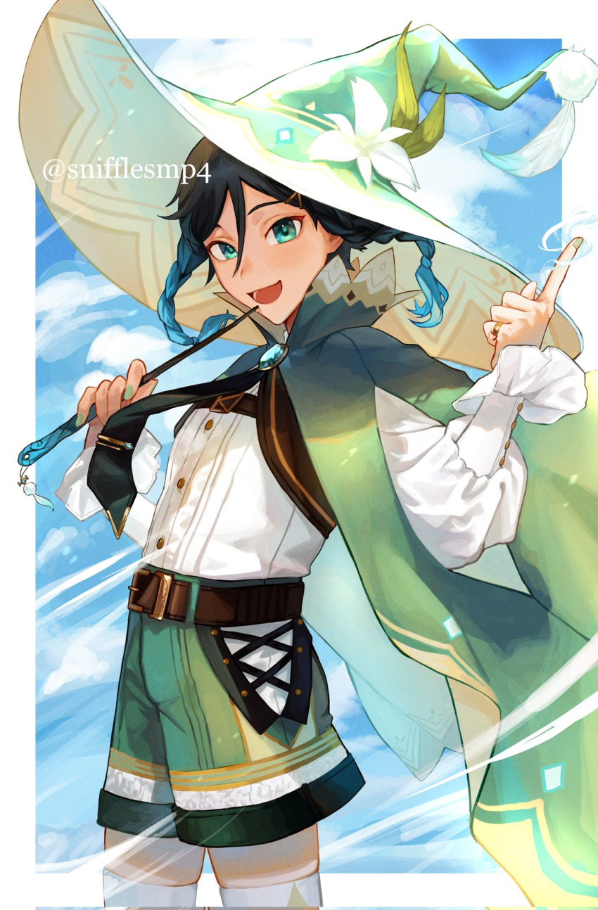 1boy androgynous argyle argyle_legwear bangs belt black_hair black_necktie blue_hair braid brooch cape clouds cloudy_sky collared_cape commentary day english_commentary flower frilled_sleeves frills gem genshin_impact gradient_hair green_cape green_eyes green_headwear hat hat_flower highres holding holding_wand jewelry leaf long_sleeves looking_at_viewer male_focus multicolored_hair necktie open_mouth outdoors shirt short_hair_with_long_locks side_braids sidelocks sky smile snifflesmp4 solo thigh-highs tie_clip twin_braids twitter_username venti_(genshin_impact) wand white_flower white_legwear white_shirt wind witch_hat