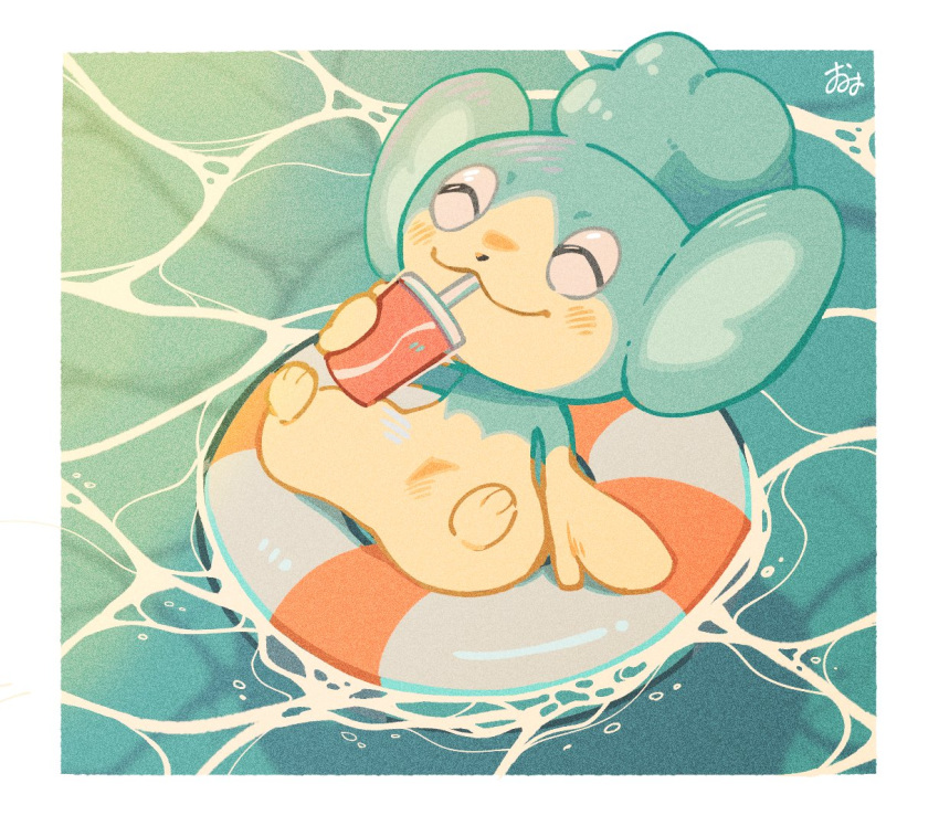 afloat blush border closed_eyes closed_mouth commentary_request cup drinking drinking_straw holding holding_cup innertube no_humans omyo_(myomyomyo22) panpour pokemon pokemon_(creature) relaxing smile solo water white_border