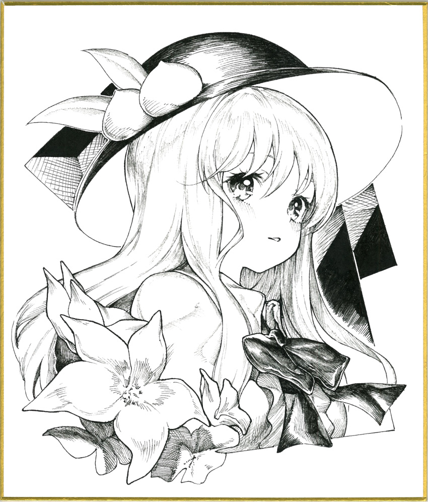 1girl blush bow bowtie commentary eyebrows_behind_hair flower food food-themed_hair_ornament fruit greyscale hair_ornament hat highres hinanawi_tenshi leaf long_hair looking_at_viewer millipen_(medium) monochrome oshake parted_lips peach peach_hair_ornament photo_(medium) shirt sidelocks sleeveless sleeveless_shirt solo touhou traditional_media upper_body