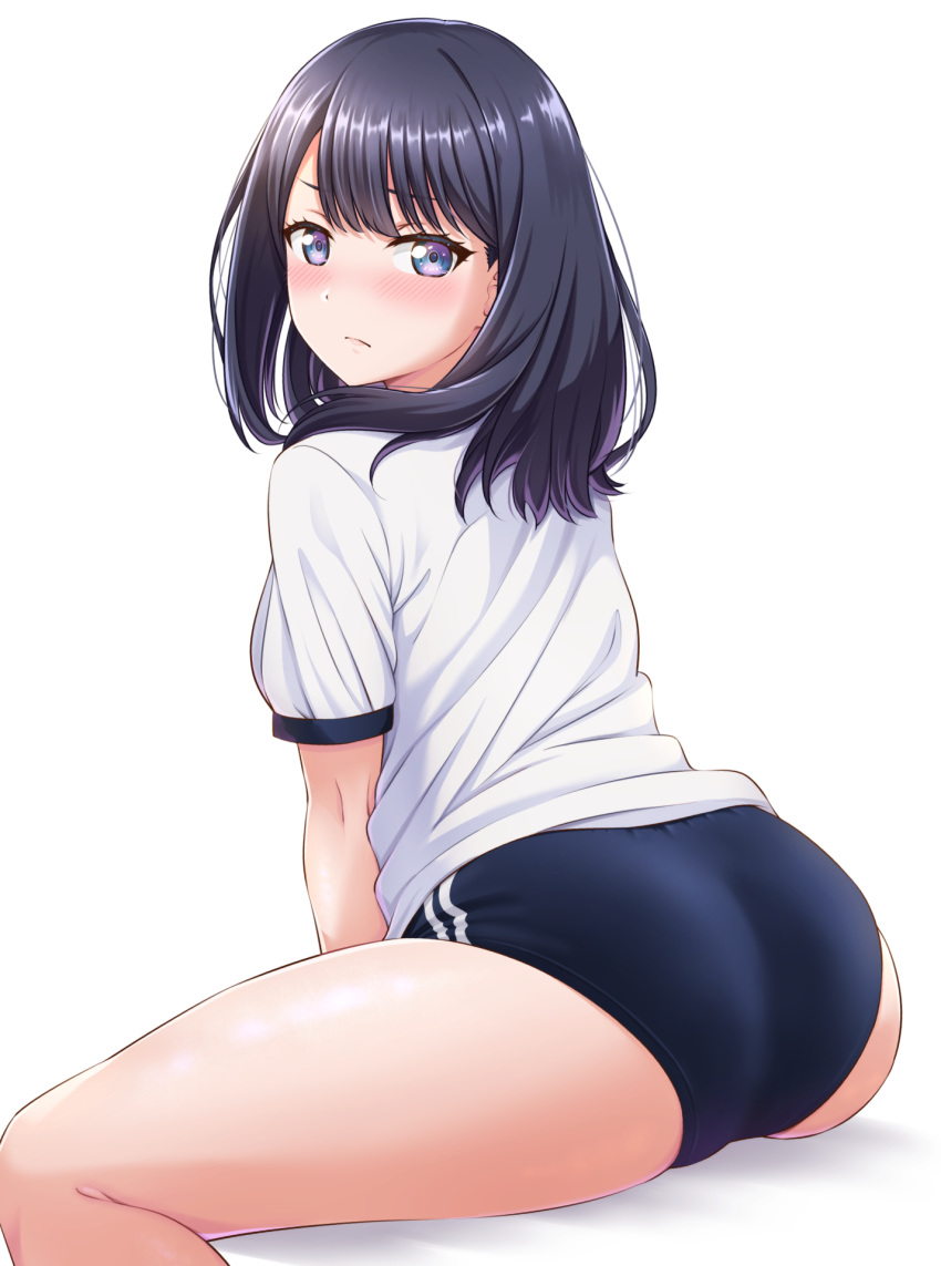 1girl arms_between_legs ass bangs bare_legs black_buruma black_hair blush buruma closed_mouth commentary_request gridman_universe gym_shirt gym_uniform highres long_hair looking_at_viewer looking_to_the_side mibushiro shirt short_sleeves simple_background sitting solo ssss.gridman takarada_rikka thighs violet_eyes white_background white_shirt