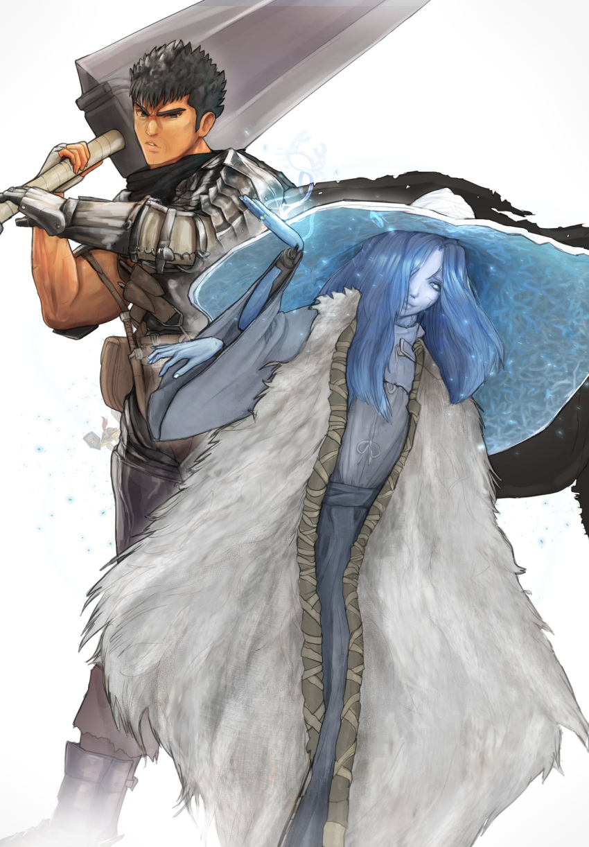 1boy 1girl absurdres armor berserk black_hair blue_eyes blue_hair blue_skin cape cloak colored_skin cracked_skin crossover dragonslayer_(sword) dress elden_ring extra_arms fur_cloak guts_(berserk) hat highres holding holding_weapon joints long_hair looking_at_viewer muscular one_eye_closed prosthesis prosthetic_arm ranni_the_witch scar short_hair simple_background smile stormyorha sword weapon witch_hat