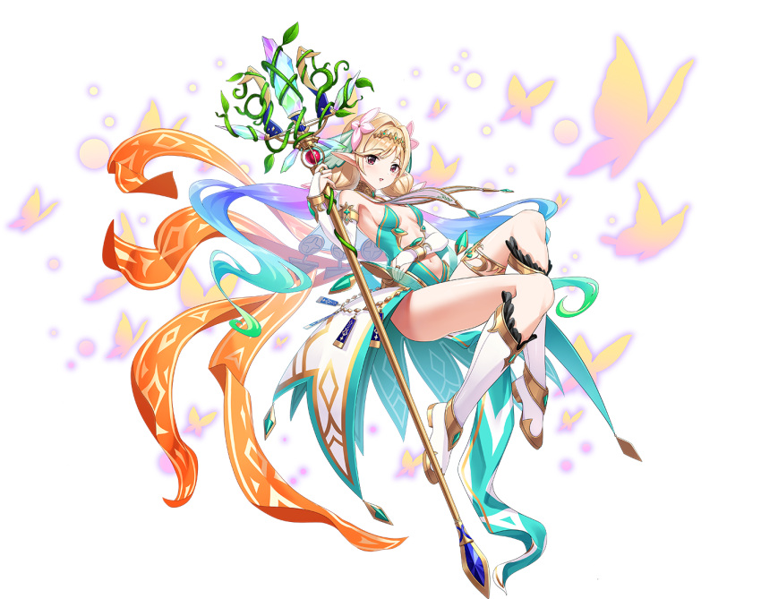 1girl bangs blonde_hair boots breasts bridal_gauntlets floating flower full_body gradient_hair hair_flower hair_ornament hand_up headpiece holding holding_staff knee_boots long_hair multicolored_hair navel official_art open_mouth pointy_ears red_eyes revealing_clothes sennen_sensou_aigis small_breasts solo staff tamakaga thighlet transparent_background tytto_(sennen_sensou_aigis)