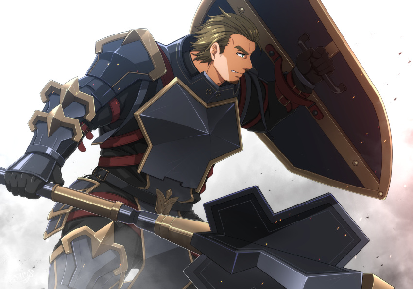 1boy another_eidos-r arm_belt armor belt blue_eyes chest_armor chest_harness facial_hair fighting_stance gauntlets gloves green_hair gymnos_(another_eidos) harness highres leg_armor leg_belt looking_to_the_side mace male_focus pants shield shoulder_armor sideburns solo stubble thick_eyebrows warrior weapon yanai_inaya
