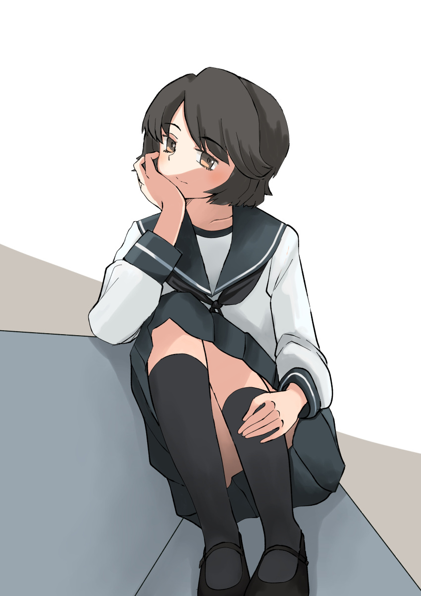 1girl absurdres adapted_costume black_hair black_neckerchief black_sailor_collar black_skirt brown_eyes commentary_request couch hand_on_own_face highres kantai_collection looking_at_viewer miyuki_(kancolle) neckerchief sailor_collar school_uniform serafuku short_hair simple_background skirt solo toplow white_background