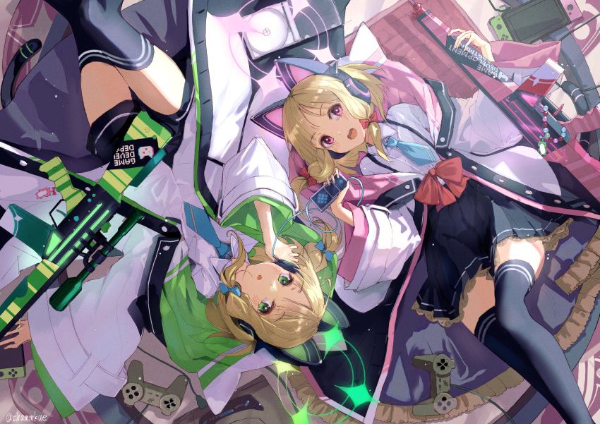 2girls blonde_hair blue_archive bow cat_ear_headphones chamu_(chammkue) controller from_above game_controller green_eyes gun hair_bow halo headphones highres holding holding_weapon jacket lying midori_(blue_archive) momoi_(blue_archive) multiple_girls necktie nintendo_switch on_back pink_eyes pleated_skirt rifle shirt short_hair siblings sisters skirt twins weapon