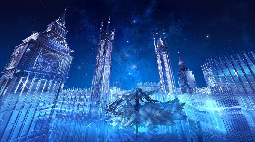 1girl blue_hair blue_sky blue_theme bride clock clock_tower day dress from_behind highres lilithbloody night night_sky original outdoors scenery sky solo star_(sky) starry_sky tower twintails walking water_world wedding_dress
