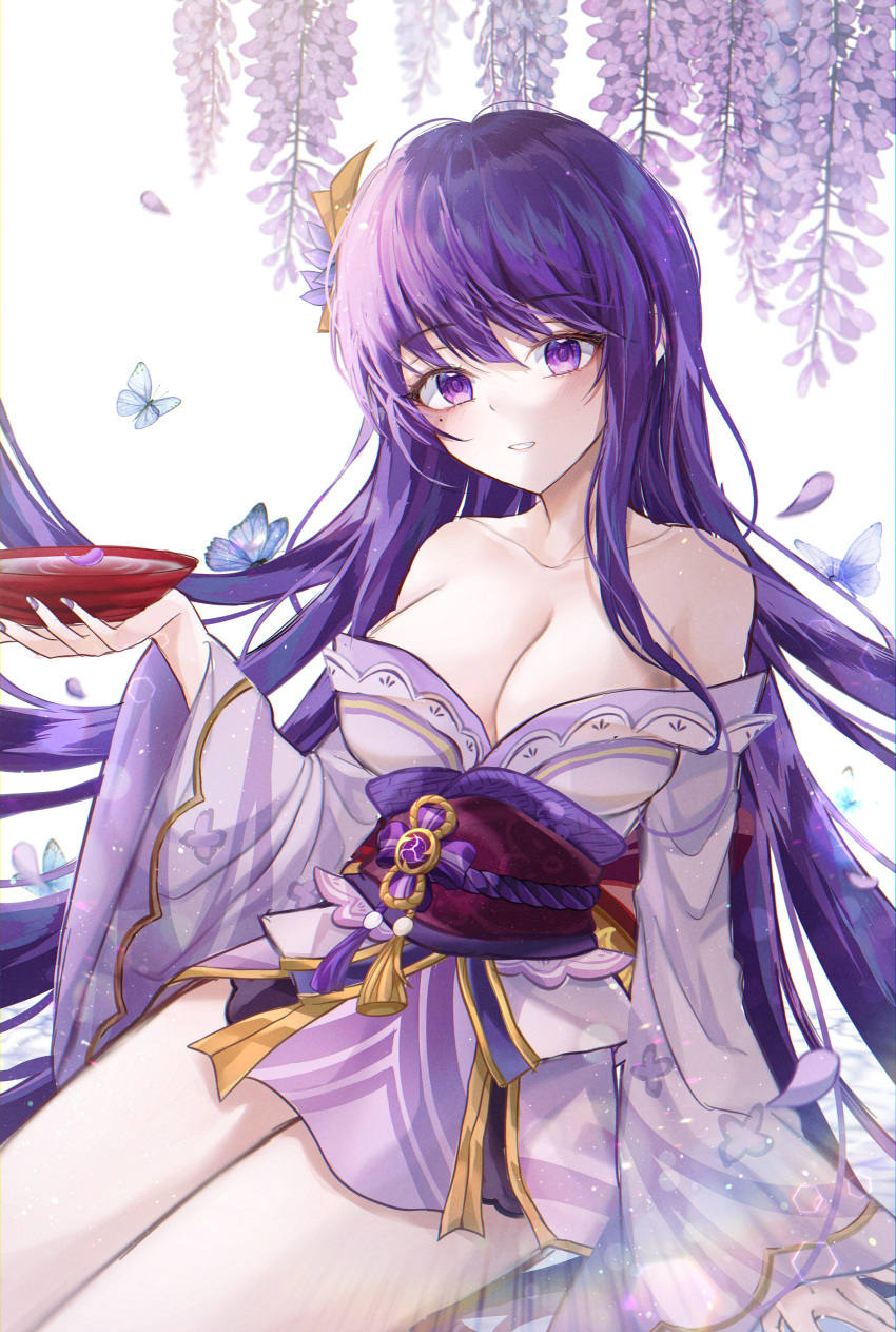 1girl absurdres bangs bare_shoulders breasts bug butterfly collarbone commentary cup eyebrows_visible_through_hair genshin_impact grin highres holding japanese_clothes kimono large_breasts long_hair long_sleeves looking_at_viewer mole mole_under_eye obi off_shoulder parted_lips purple_hair purple_kimono raiden_shogun red_sash ryunbi sakazuki sash short_kimono smile solo thighs very_long_hair violet_eyes white_background wide_sleeves