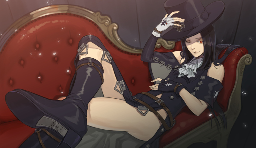 1other androgynous bare_shoulders black_hair boots choker fingerless_gloves gloves guilty_gear guilty_gear_strive hat highres long_hair looking_at_viewer one_eye_closed red_eyes skirt skull solo testament_(guilty_gear) top_hat udakyo