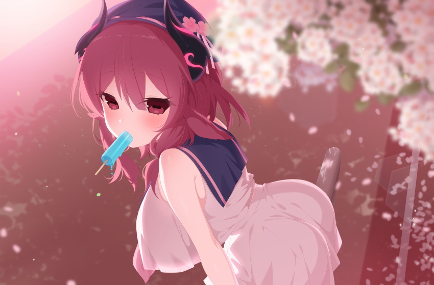 1girl absurdres ass bare_shoulders bent_over blurry blurry_background breasts flower food goat-chan_(enarane) goat_girl goat_horns hair_between_eyes hat highres horns ia_(ias1010) large_breasts looking_at_viewer mouth_hold original popsicle red_eyes redhead sailor_collar shirt skirt solo white_shirt white_skirt