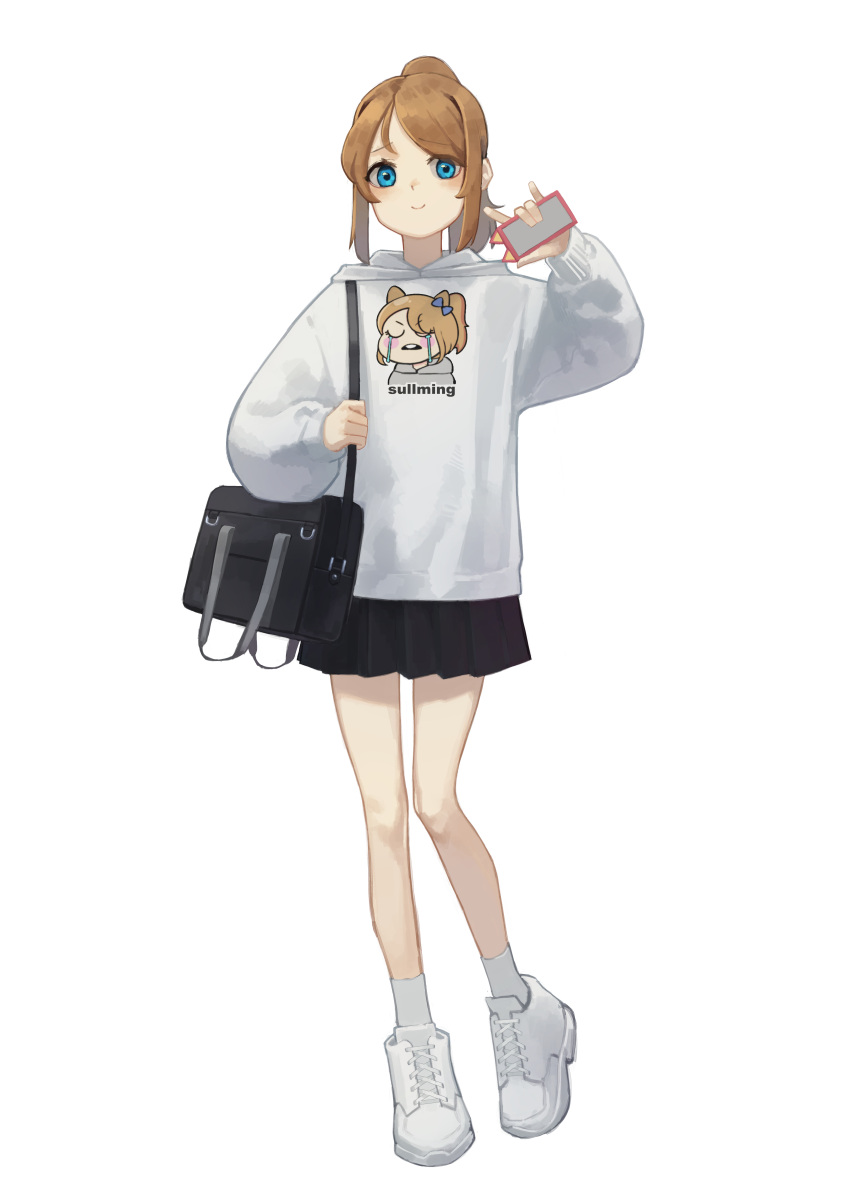 1girl absurdres bag black_skirt blue_eyes brown_hair cellphone closed_mouth commentary commission eyebrows_visible_through_hair full_body hand_up highres holding holding_phone hood hoodie long_hair long_sleeves looking_at_viewer original phone pleated_skirt ponytail school_bag shoes shoulder_bag sidelocks simple_background skirt smartphone smile sneakers socks solo white_background white_footwear white_hoodie white_legwear yoon_cook