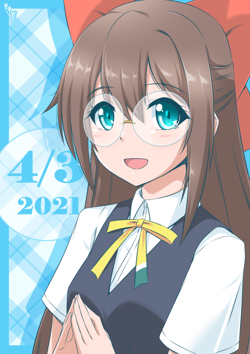 1girl absurdres bangs birthday blue_background blue_eyes breasts brown_hair bunji commentary dated eyebrows_visible_through_hair glasses hair_ribbon half_updo highres long_hair looking_at_viewer love_live! love_live!_nijigasaki_high_school_idol_club nijigasaki_academy_uniform ousaka_shizuku red_ribbon ribbon round_eyewear school_uniform short_sleeves sidelocks small_breasts smile solo two-tone_background upper_body white_background