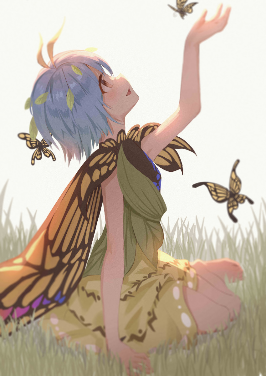 1girl absurdres animal antennae aqua_hair bad_anatomy bad_perspective barefoot blush brown_eyes bug butterfly_wings dress eternity_larva fairy green_dress highres leaf leaf_on_head multicolored_clothes multicolored_dress open_mouth rangque_(user_vjjs4748) short_hair short_sleeves smile solo touhou wings
