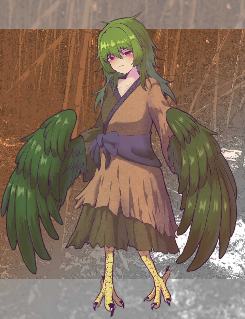 1girl absurdres bangs bird_legs eyebrows_visible_through_hair feathered_wings green_feathers green_hair green_wings hair_between_eyes harpy highres looking_at_viewer messy_hair monster_girl original red_eyes sash shaded_face solo talons togenomaru winged_arms wings
